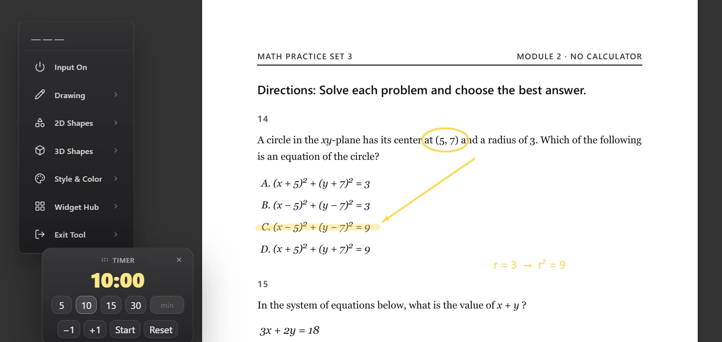 The overlay annotating a practice test in a PDF viewer.